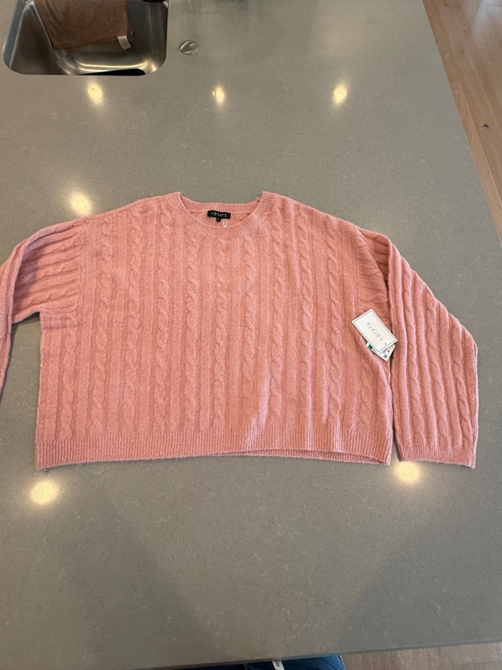 NWT 1. State Pink Large Oversize Cropped Cable Knit Sweater NEW!